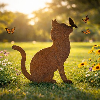Gartendeko Katze mit Schmetterling