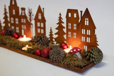 Kerzentablett Winterlandschaft Tablett Edelrosttablett Edelrostdeko Weihnachtsdorf 47,5cm