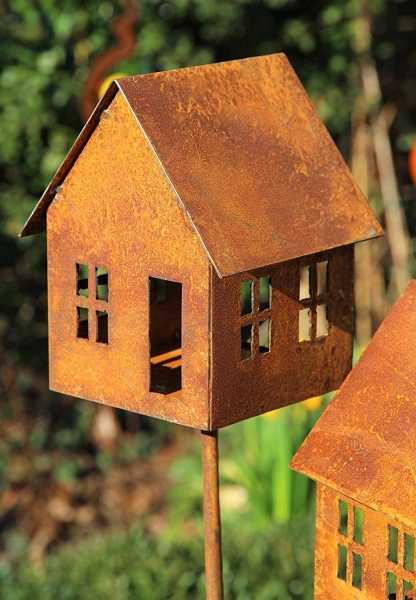 2er Set Edelrost Haus auf Stab Vogelfutterhaus / Windlicht